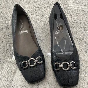 Aerosoles “Megaphone” Black Leather Faux Snake Low Wedge Heel Shoes